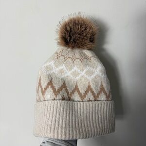 Max Studio Soft Fair Isle Knit Pom Pom Beanie Winter Hat Neutral